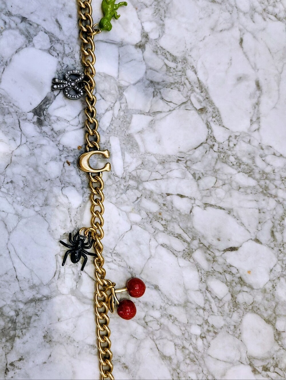 Coach Gold-Tone Charm Bracelet with Red Cherry and Black Spider Accents